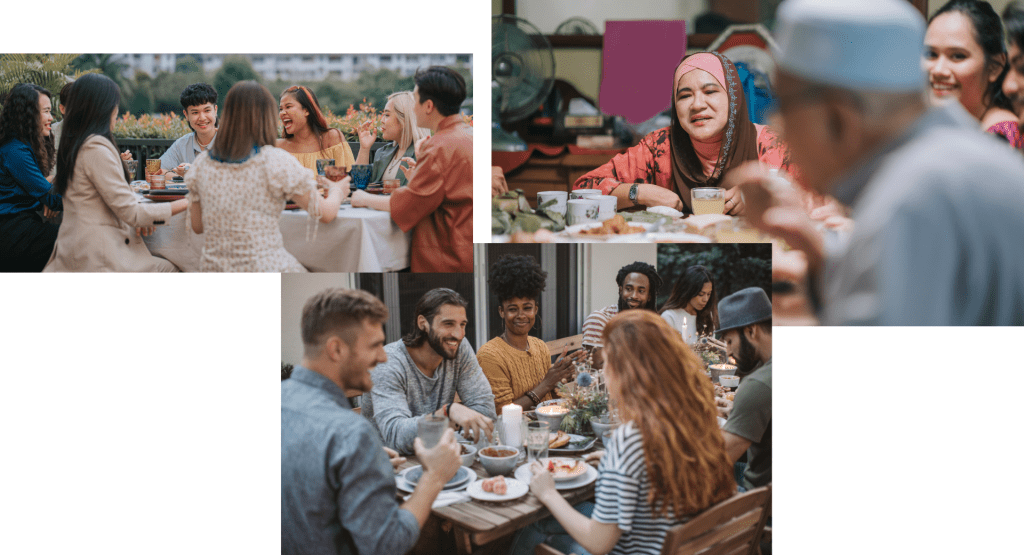 A collage of three photographs featuring different groups of people conversing over shared meals.