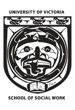 University of Victoria School of Social Work logo. The crest is Kwak'wakawakw artist and BSW Graduate Francis Dick's black and white interpretation of the UVic logo/crest with a face surrounded by touching hands dominating the centre.