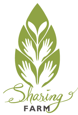Sharing Farm Society logo, featuring a green leaf overlaid with white hand shapes reaching upwards. Underneath the leaf, "Sharing" is written in green script and "Farm" is written in black, all-caps.